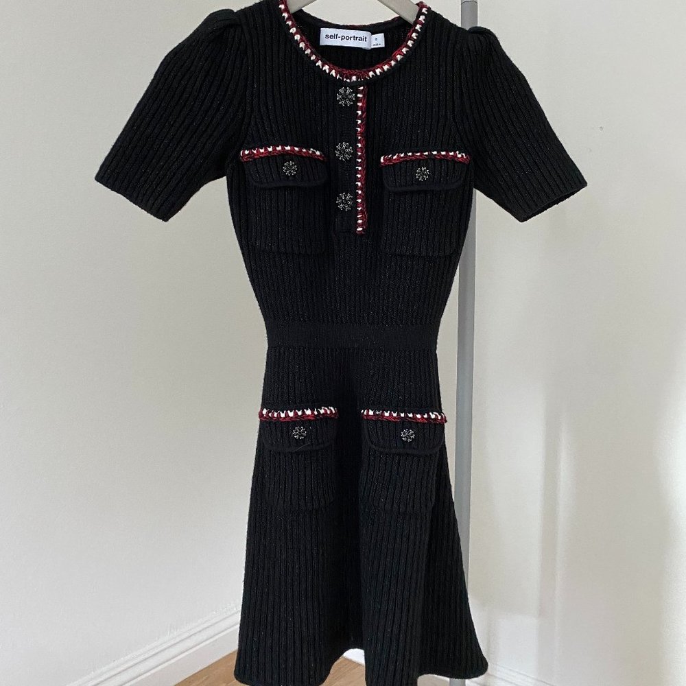 Self-Portrait BLACK LUREX CONTRAST TRIM MINI DRESS